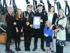 WO 1 AET Steve Cass and family with 2 SL, on the deck of HMS Victory