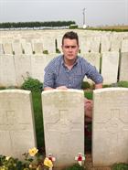 LAET Nathan Astill at the grave of his Great, Great Uncle Alfred Clements, Bedfordshire Regt