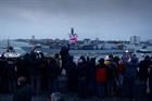 HMS St Albans is cheered by friends and families as she departs for her nine month deployment