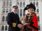 Captain Simon Petitt with Lord Mayor Fiona Woolf outside the Guildhall