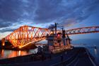 Illustrious passes under Forth bridges just after midnight 17 July 2014 returning to Portsmouth