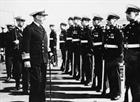 HMS Theseus at Sasebo off Japan 18 March 1951 V Adm W G Andrewes inspecting RM guard