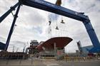 The Goliath Crane at Rosyth Naval Dockyard lifts the bow section of the Prince of Wales Aircraft Car