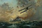 A painting by Alan Fearnley of Swordfish attacking  Bismarck