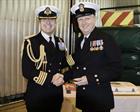 Captain Culdrose awarding CPO Kilday his bar to the Long Service and Good Conduct Medal