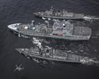 RFA Tiderace conducts a double RAS with HMS Lancaster and Westminster in the Baltic