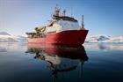 HMS Protector in the stunning surrondings of Bigourdan Fjord in Antarctica