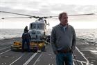 Jeremy Clarkson in front of Lynx helicopter aboard HMS Westminster