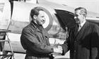 Peter Twiss (left) is congratulated by plane designer Robert Lickley after the flight