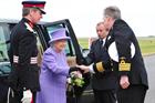 Capt Garratt greeting the Queen. Lord Lieutenant of Cornwall looks on.